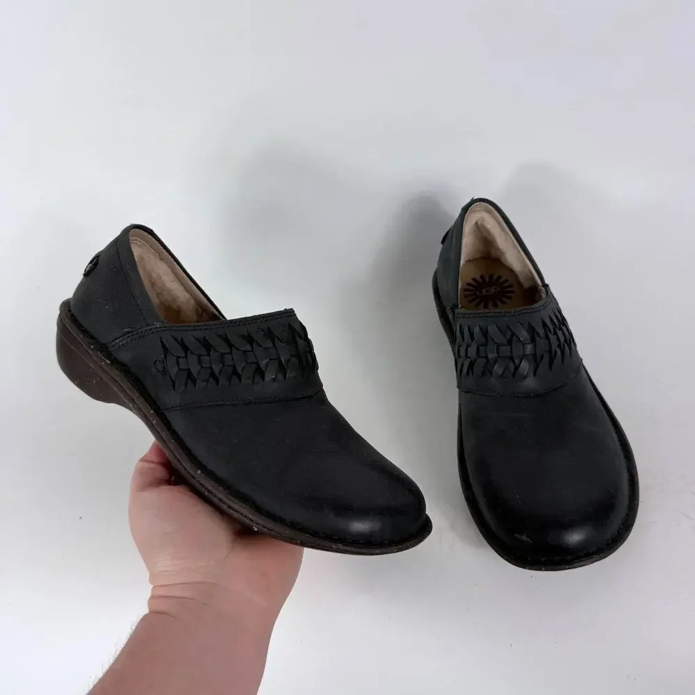 UGG Anila Slip-On Clogs Women's 7 Black Full-Grain Leather Hand-Woven Braid